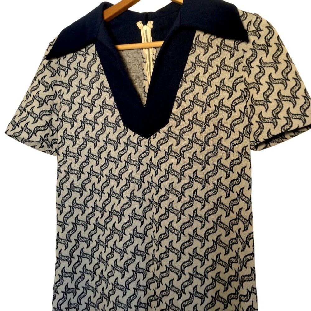 Vintage 1960s Homemade Dress Blue White Short Sleeve Collared V Neck Rockabilly - Picture 3 of 12